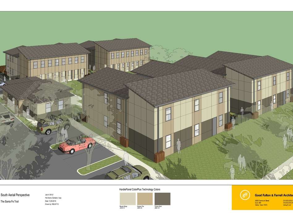 An architect’s drawing of the Green Haus community: two-story homes around a green courtyard